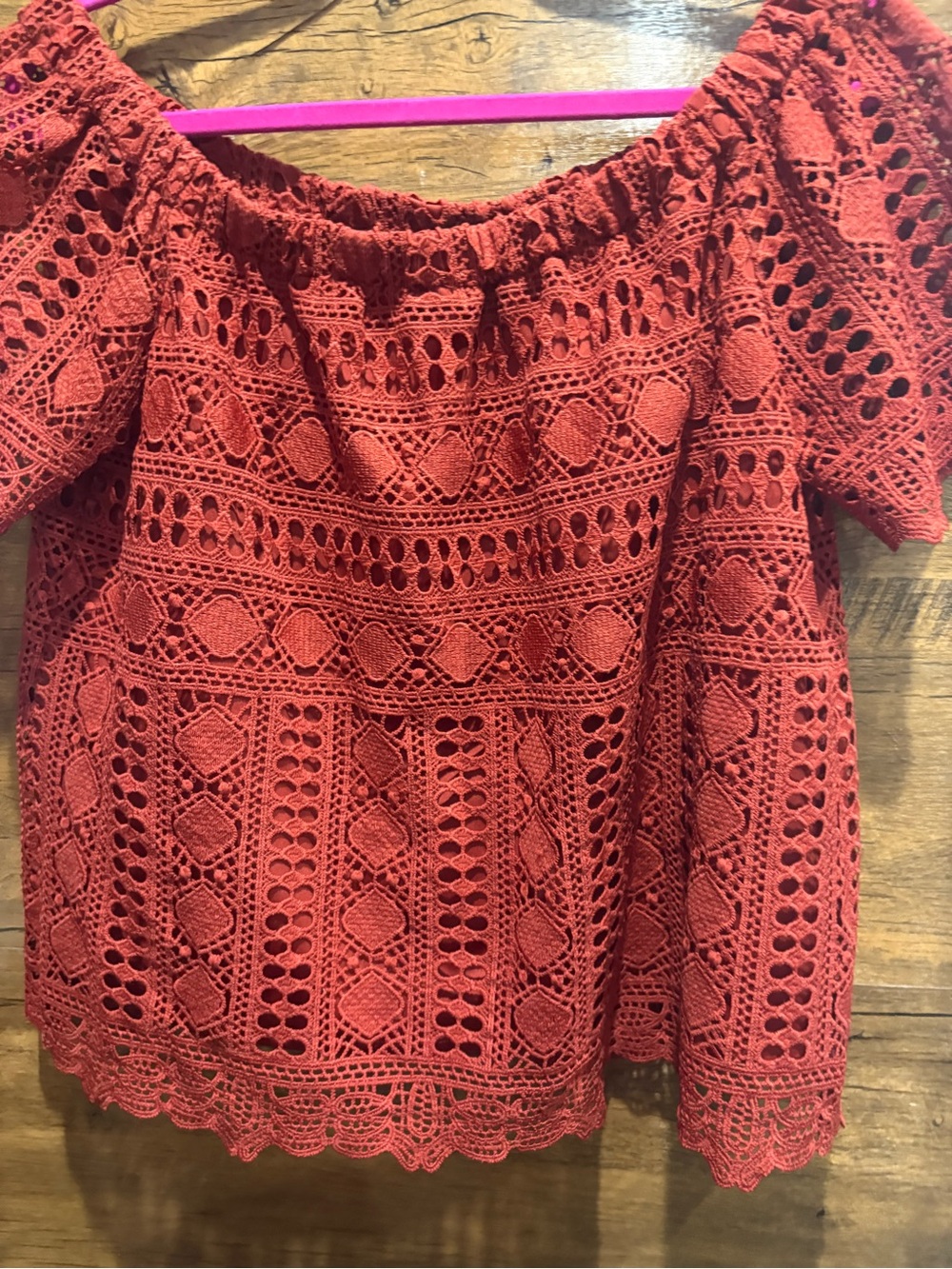 Sunday in Brooklyn Anthro Evie Off Shoulder Crochet Lace Dark Rust Top - Picture 6 of 10